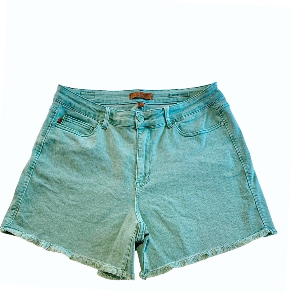 Judy Blue Denim Shorts Women 2XL Teal Raw Hem High Rise Boho Festival